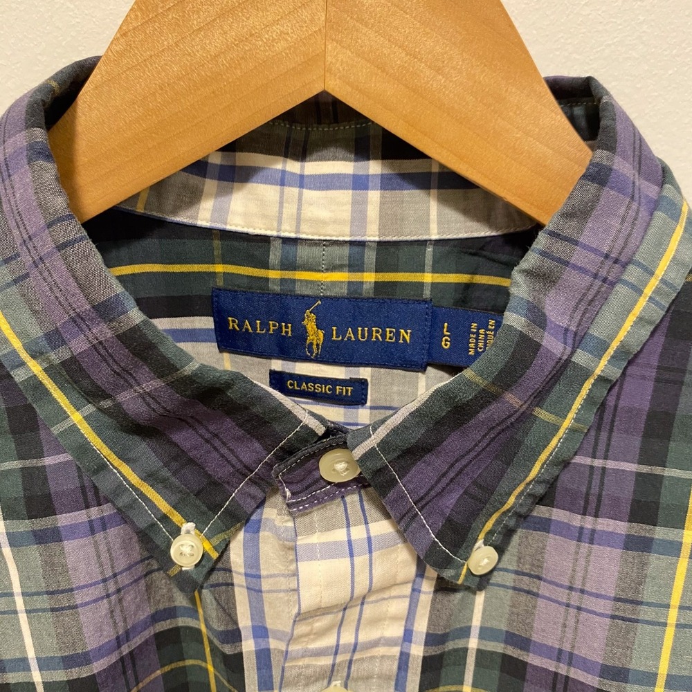 Ralph Lauren Mens Classic Fit Plaid Button Down Shirt Blue Green Pony Size Large - Picture 2 of 9
